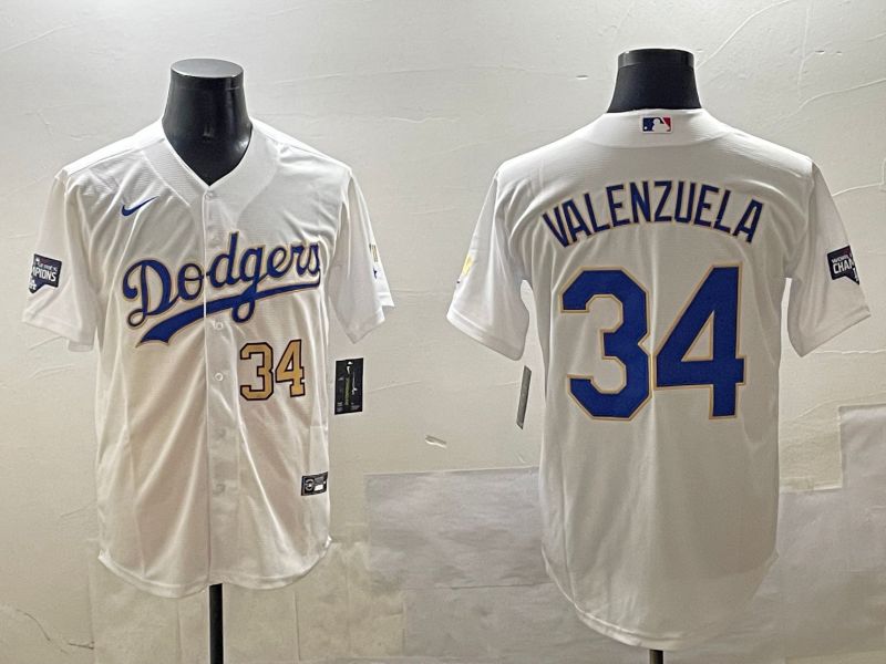 Men Los Angeles Dodgers 34 Valenzuela White blue Gold Game 2025 Nike MLB Jersey style 14